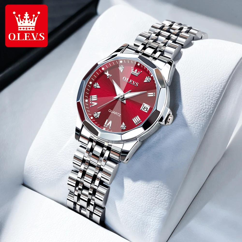 OLEVS Quartz Watches Fashion Rhombus Mirror Original Stainless Steel Strap Waterproof Luminous Calendar Ladies Wristwatch 9931