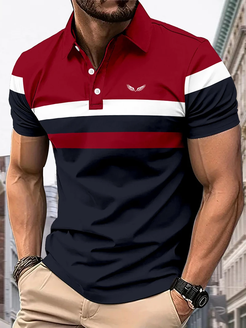 Fashionable men's summer polo casual lapel button design chest wings digital print can be used as a gift and machine washed