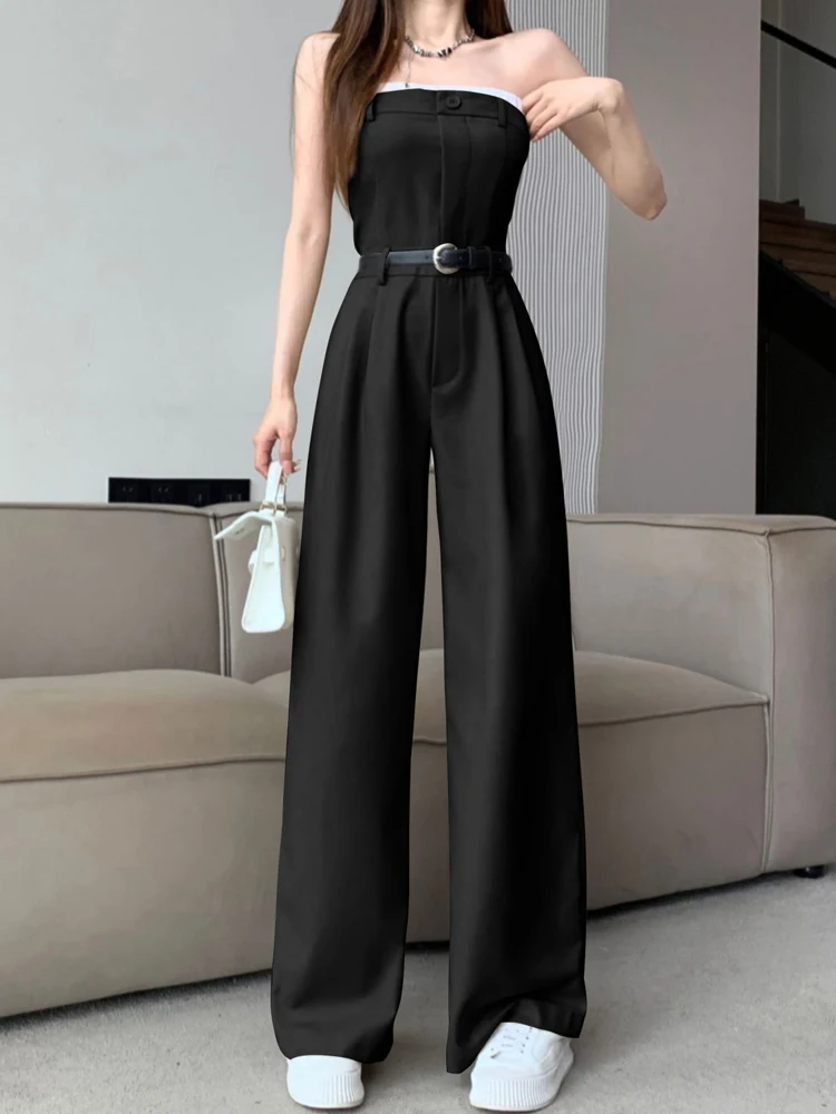 Women's Linen Blend Cargo Jumpsuit Sexy Strapless Belt Bodysuit Pockets Rompers Official Clothing