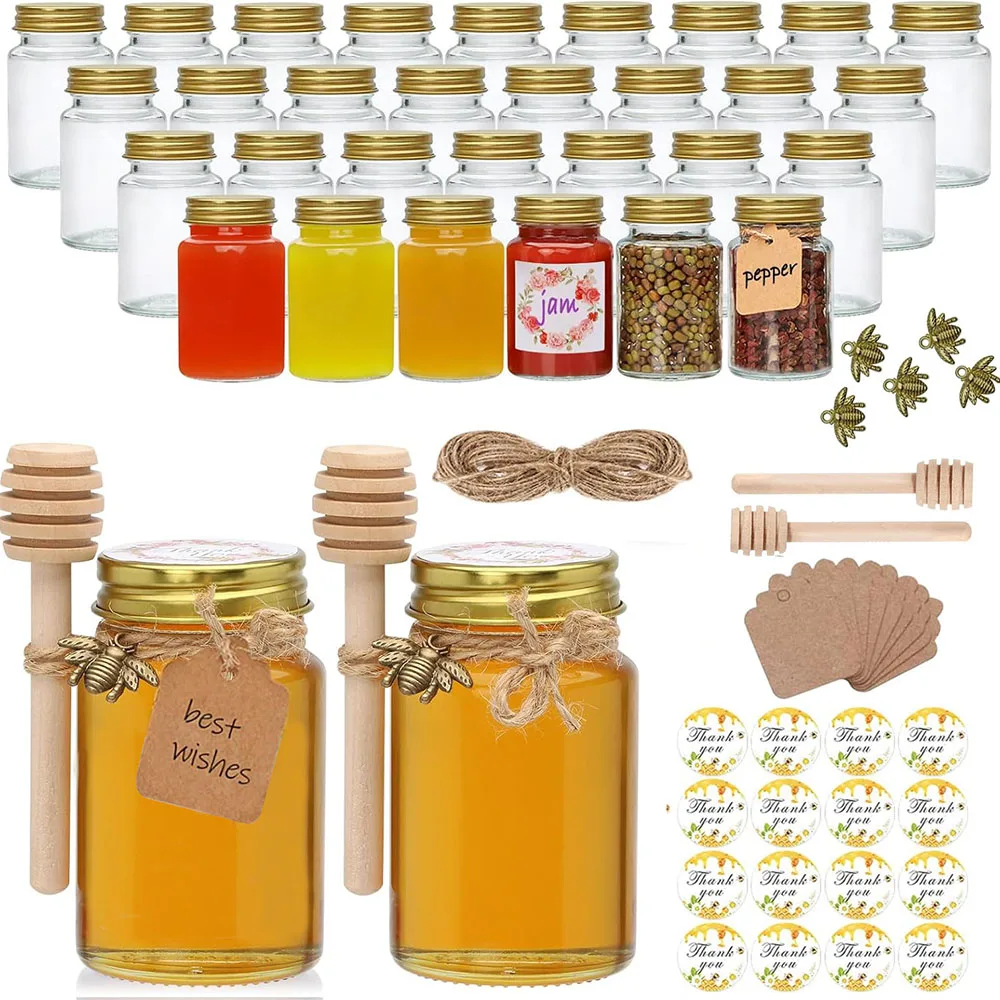 2oz Glass Shot Mini Bottles,Mini Glass Honey jars with Golden Lids,Metal Bees Decoration, Suitable for Herb, Liquid,Ginger,Sauce