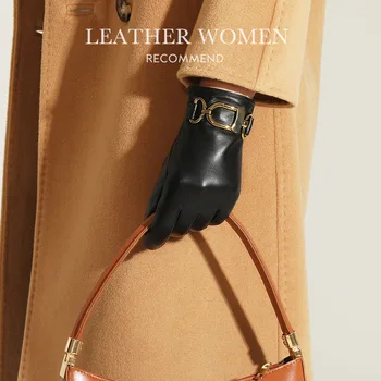 Gant en cuir de mouton naturel pour femmes, boucle dorée, mode féminine, cuir véritable épais, gant de conduite chaud, R1430