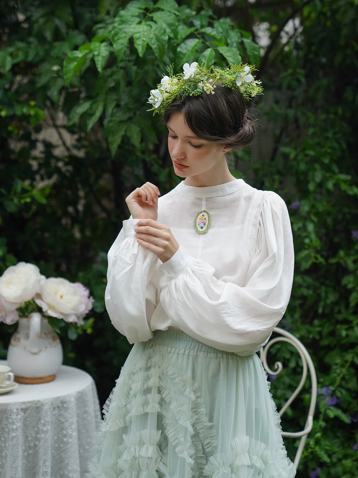 

Spring Summer Women French Hand-Embroidered Oval Face Scarf, Large Puff Sleeve Sun Protection Blouse, Cotton Linen Blouse/Shirts