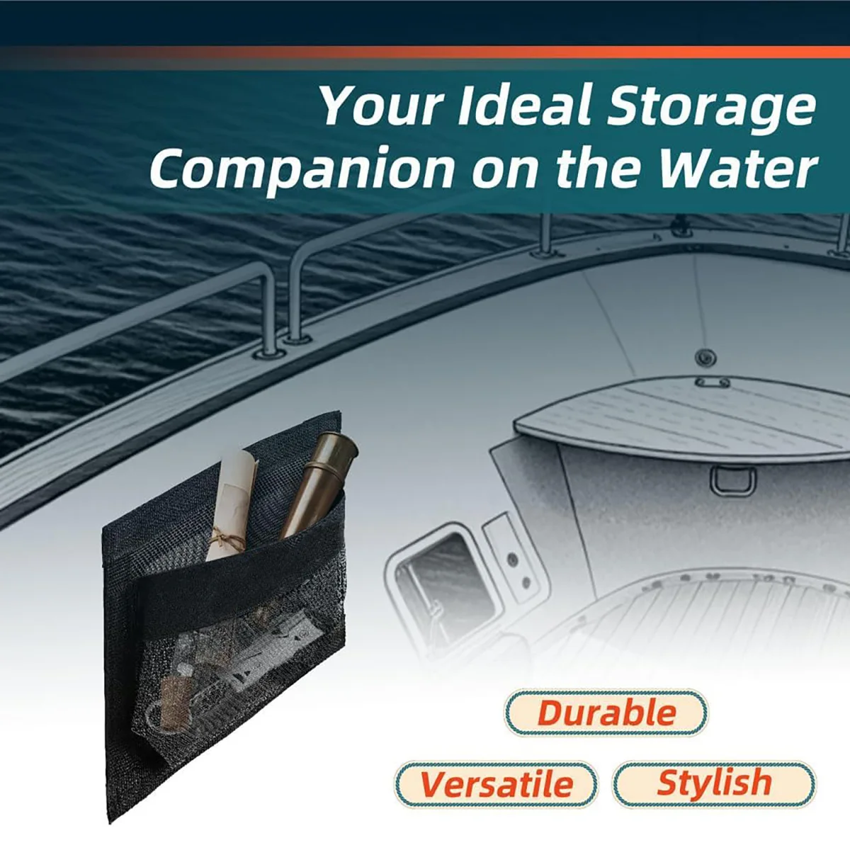 حقيبة تخزين القارب، منظمة دعم ذاتية اللصق، سهلة التركيب والإزالة، حقيبة شبكية لحامل منظم بحري خفيف الوزن