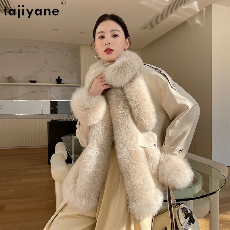 Tajiyane-Veste en cuir de fourrure de renard véritable pour femme, veste de luxe en peau de mouton véritable, duvet d'oie blanche, automne, hiver, 2023