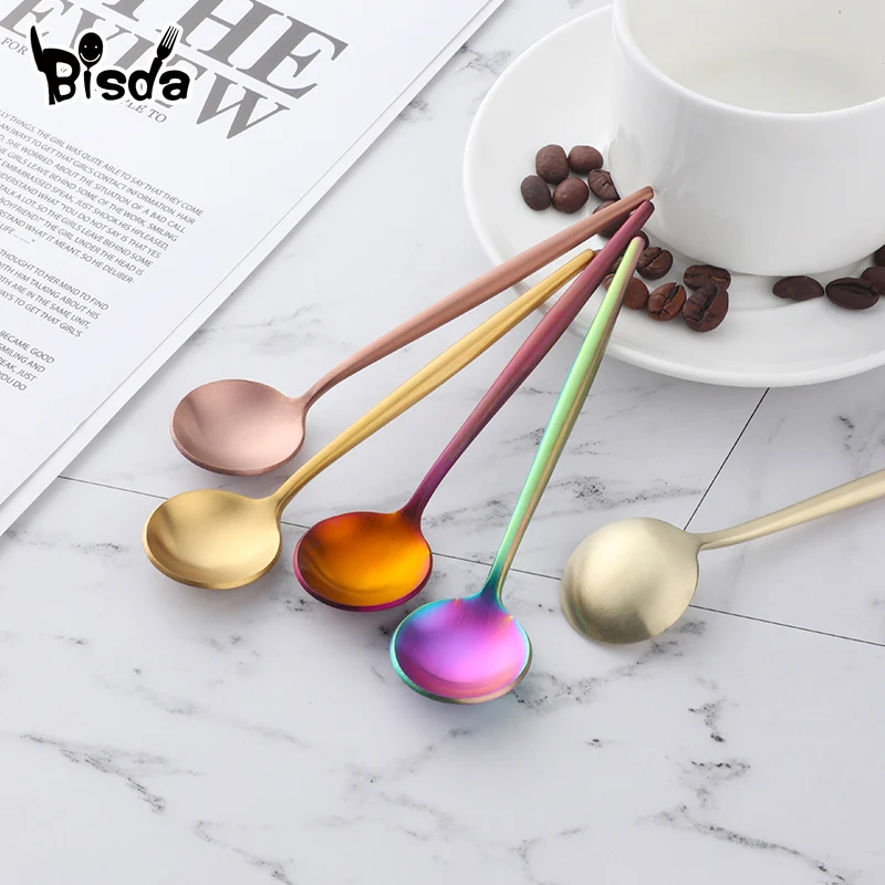 7/8PCS Korean Style Colorful Small Tea Ice Spoon Dinnerware Set Stainless Steel Mini Coffee Cute Teaspoon Tableware Gold Scoop