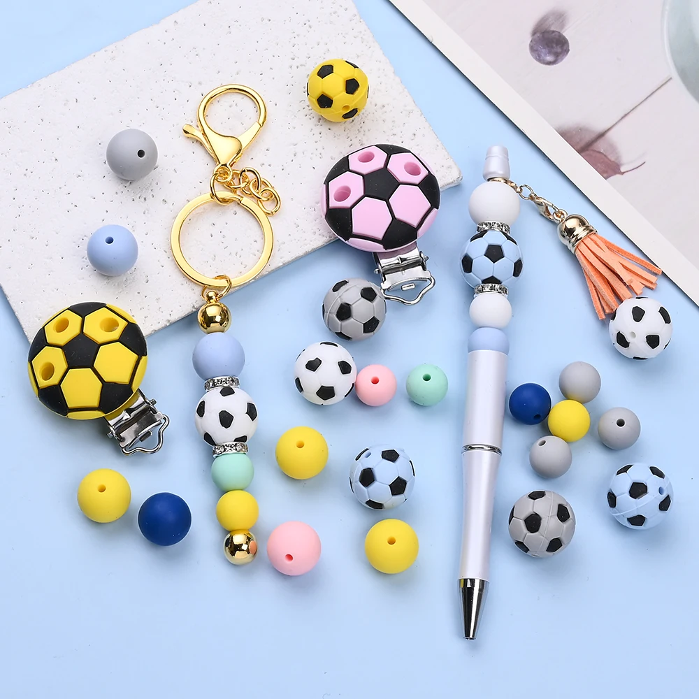 23pcs/set Football Series Silicone Clip Round Beads Set For Handmade Pacifiers Chain Beaded Pen Handicrafts Accessories
