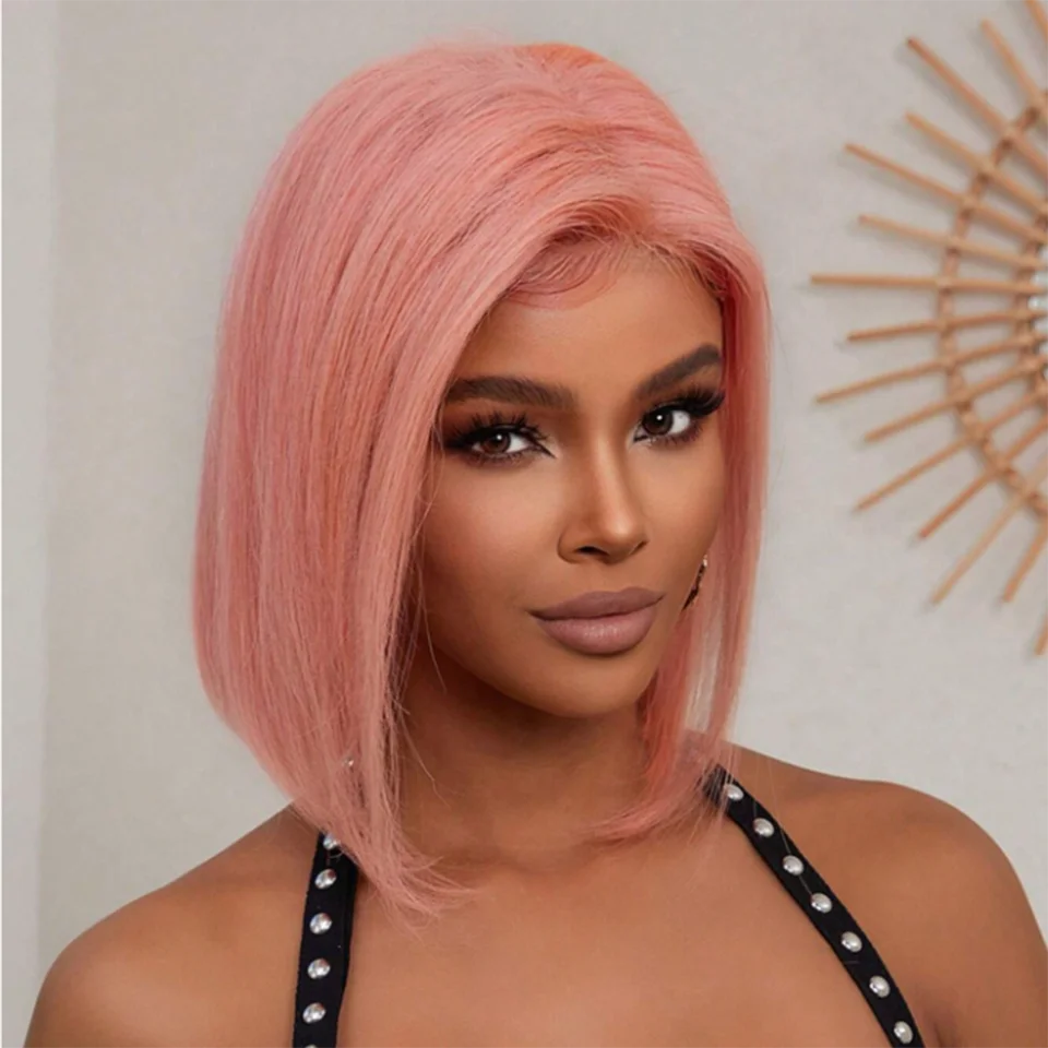 

Pink Short Straight Bob Wigs Human Hair Glueless Straight Bob 13x5x1 Lace Frontal Ombre Pink Human Hair Wigs Pre Plucked Wig