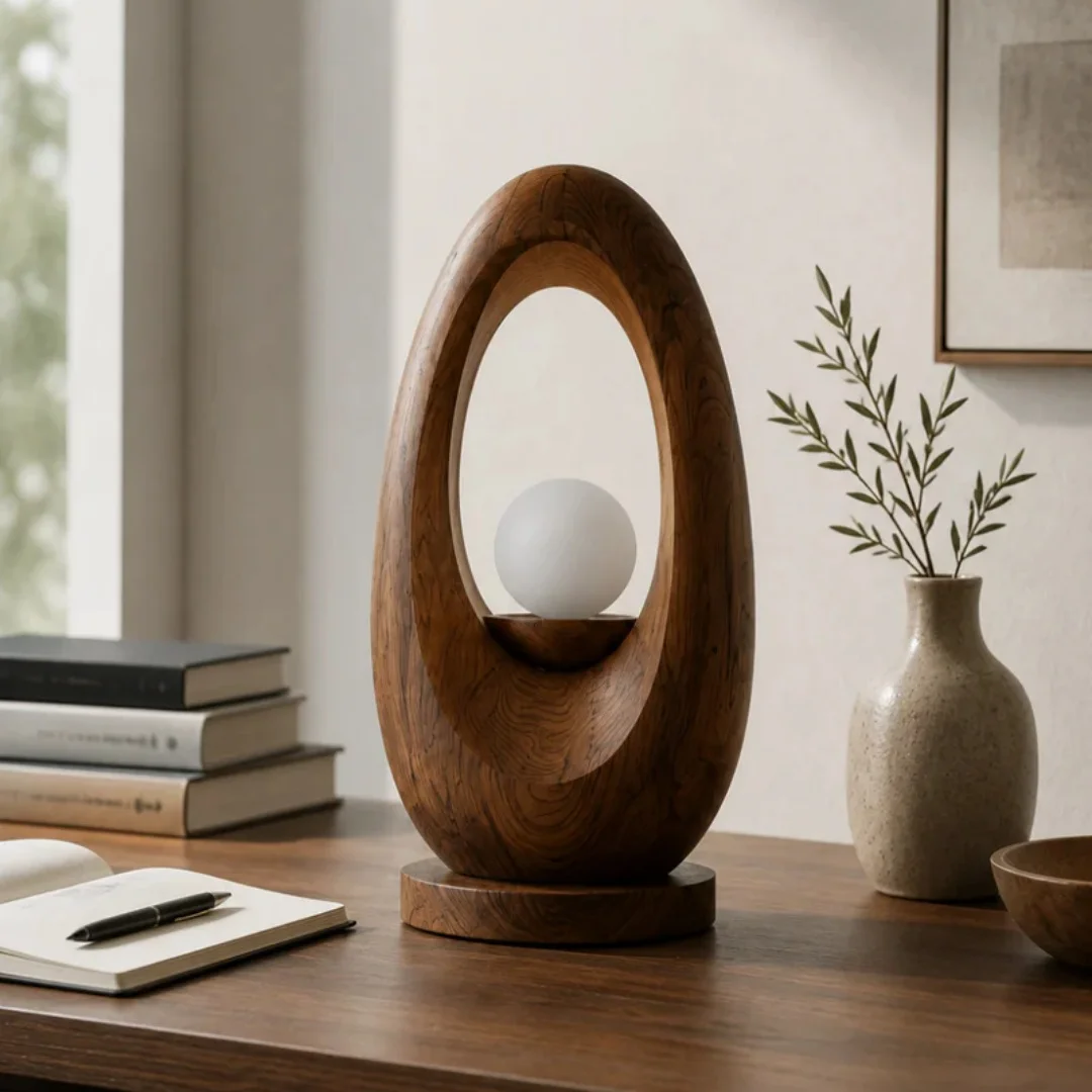 Oval-shaped Grooved Walnut Wood Handicraft With A Matte Spherical Shape Minimalist Style Wooden Handmade Product