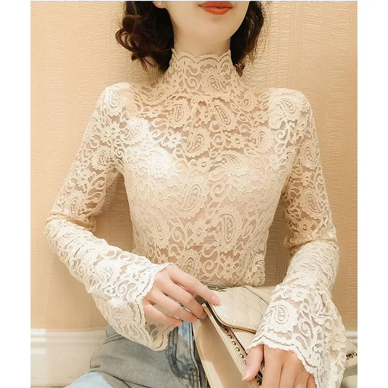 Elegant Turtleneck Ruffles Hollow Out Lace Blouse WomenClothing 2023 Autumn New Casual Pullovers Flare Sleeve Office Lady Shirt