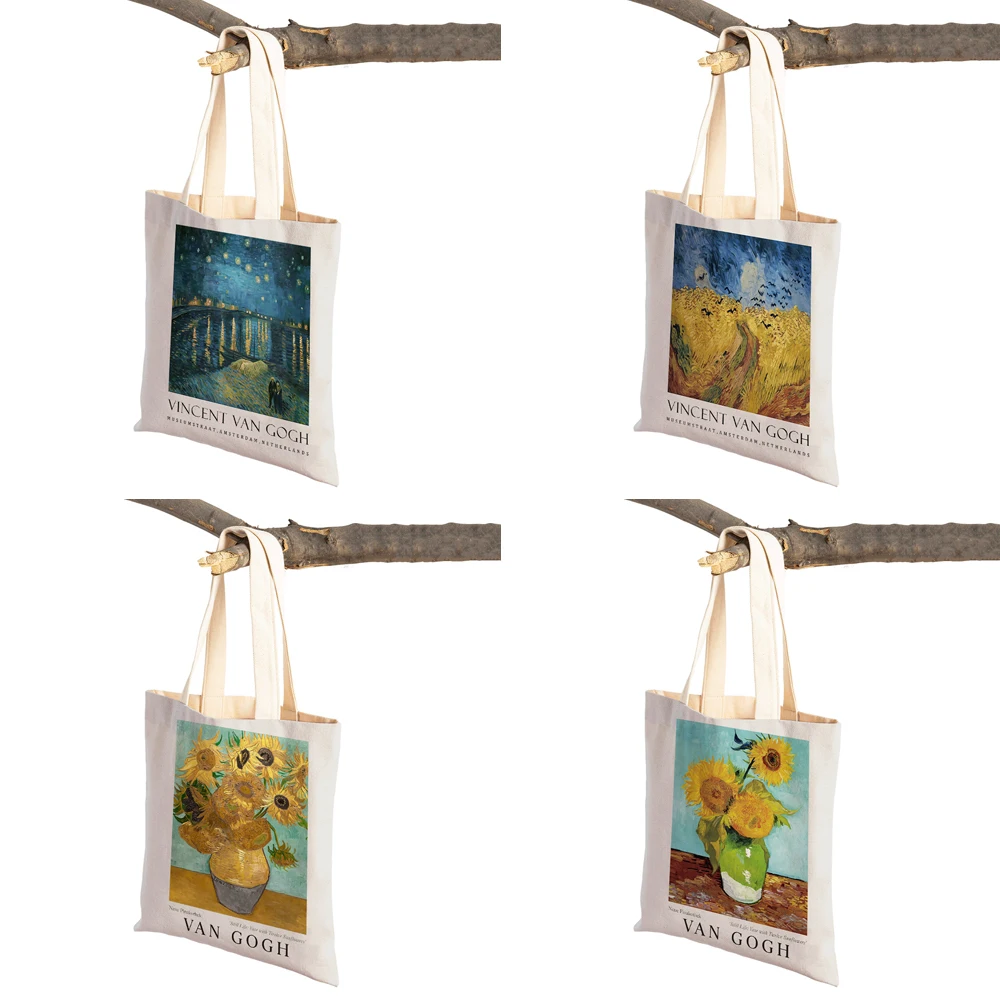 Van Gogh Vase Five tarry Night Sunflower Fauvism Supermarket Shopper Bag Tote Handbag Fashion Cartoon Lady Reusable Shopping Bag