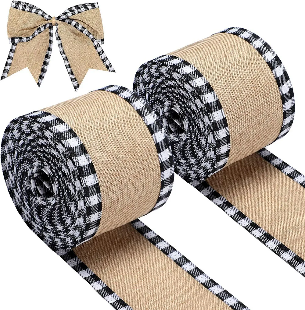 

6 Yard 2.5 inch Christmas Buffalo Plaid Wired Edge Ribbons Christmas Tree Burlap Craft Wrapping Ribbon with Buffalo Checkered