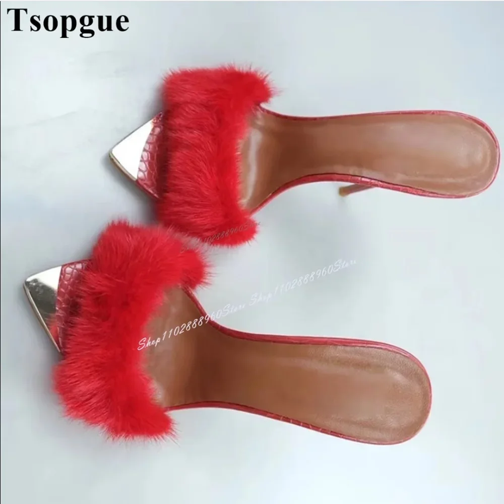 

Elegant Red Metal Toe Furry Slippers Cut Heel Stilettos High Heel Shoes For Women Slip On Open Toe Casual Party Women Slippers