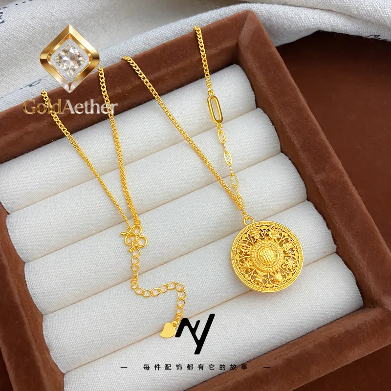 GoldNouveau Luxury 24K 9999 Pure Gold real gold Women's Jiyan Eight Treasure Compasses Set Chain Silk Round Brand Clavicle Chain