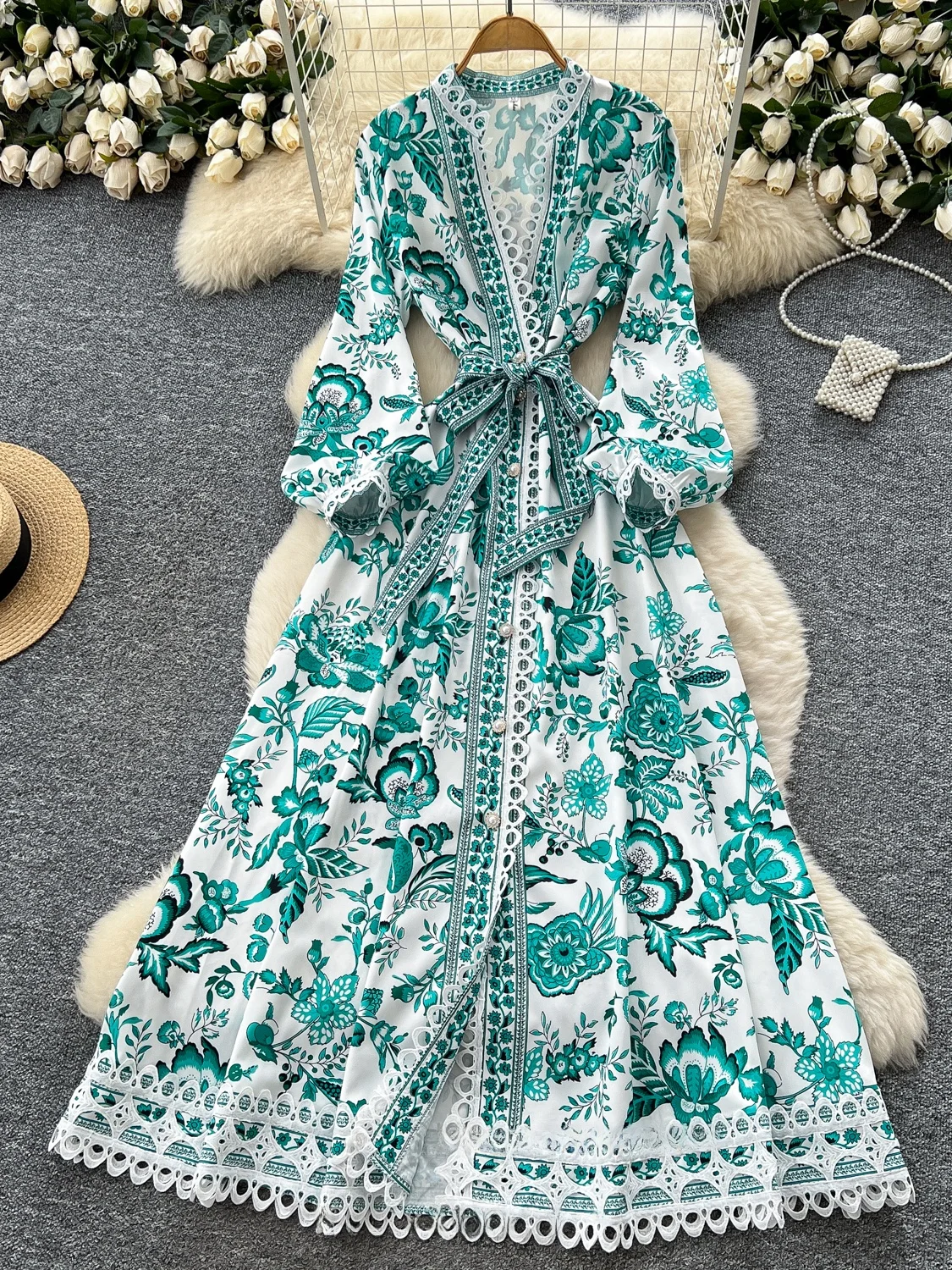 우아한 플로럴 프린트 맥시 드레스 여성 여름 버블 소매 크로스 넥 타이 허리 A라인 롱 스커트 하이 웨이스트 폴리에스터 섬유