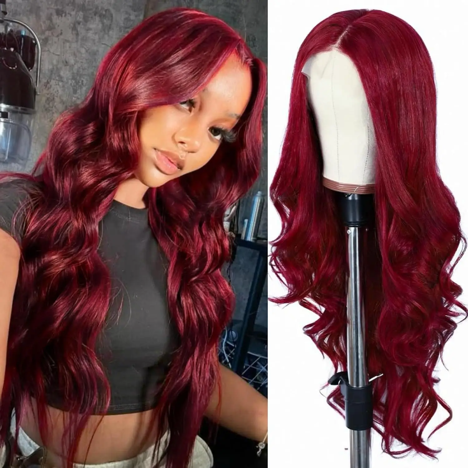 4×1 Lace Synthetic Wig, Long Burgundy 99J Big Wave Wig, Heat-Resistant Synthetic Wig with Middle Parting, Suitable for Women's Parties and Cosplay