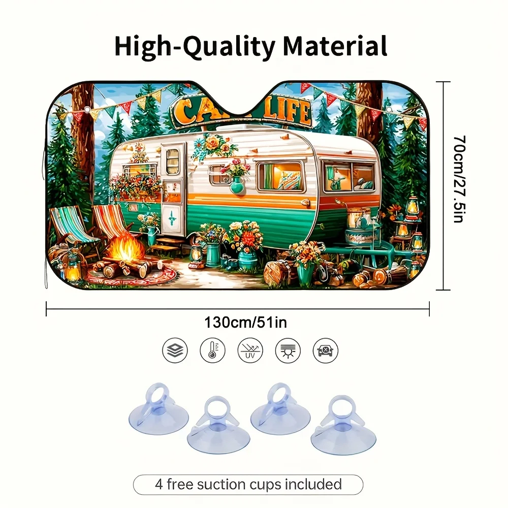 1pc 2D Flat Cozy Caravan Camping Design Car Sunshade – Foldable & Easy To Install, Keeps Your Car Cool, Includes 4 Suction Cups,
