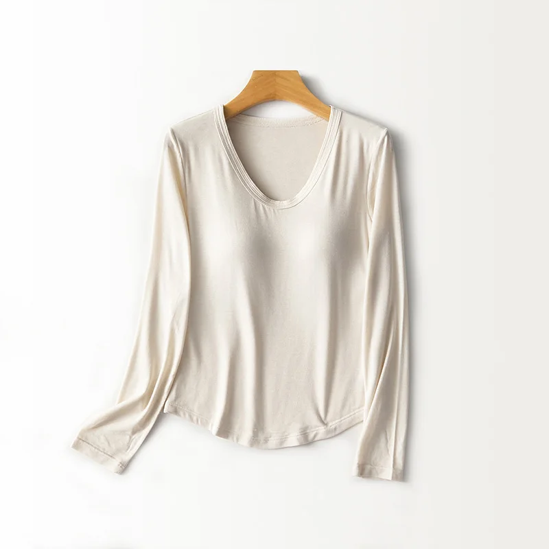 U‑Neck Long Sleeve Basic Shirt With Bra Pads Autumn Winter Cashmere Blend Soft Warm Stretch Base Layer Top