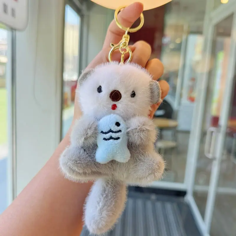 Internet Celebrity Cute Meng Mizuno Plush Doll Keychain Holding Fish Otter Bag Charm Plush Toy