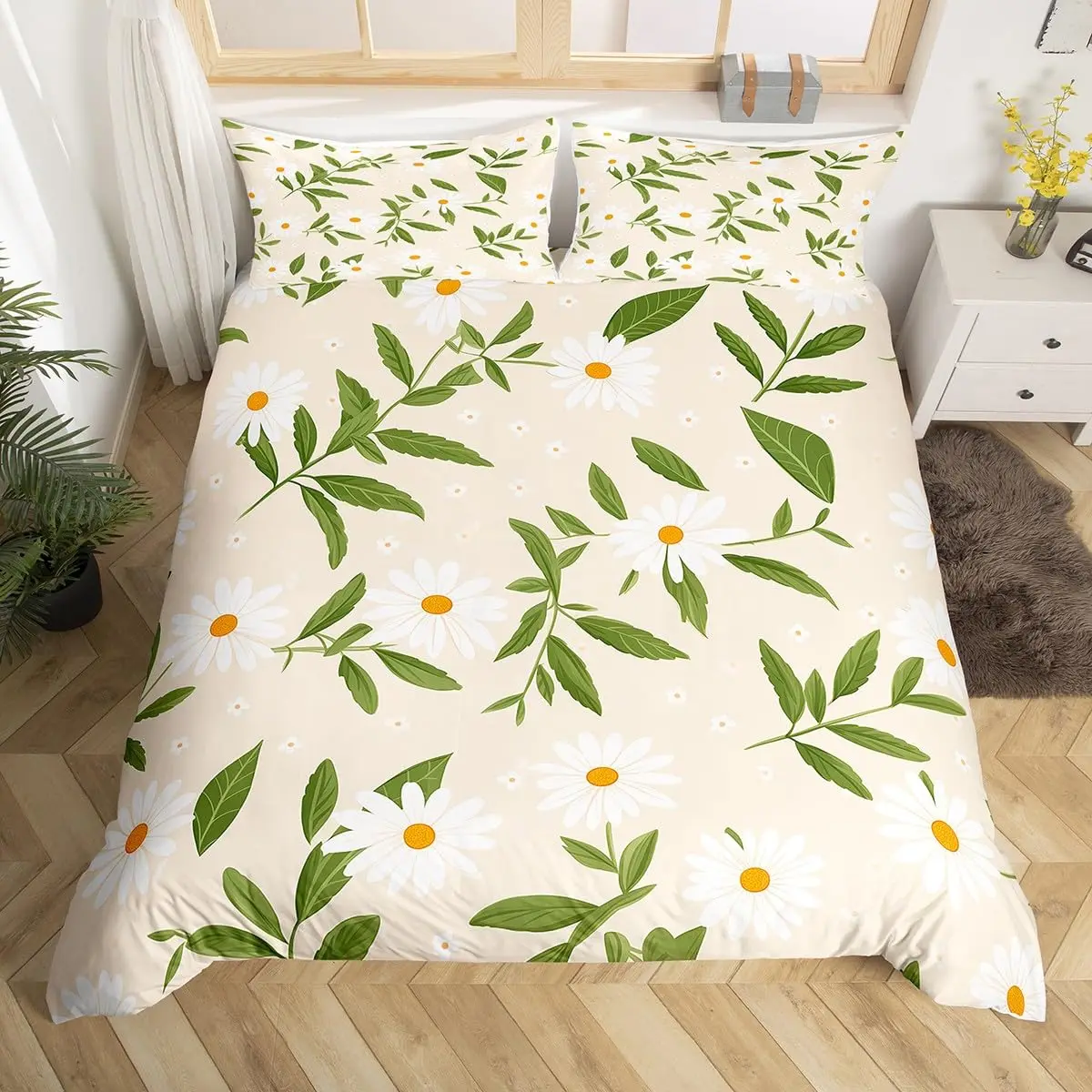 White Floral Green Leaves Duvet Cover King Queen Nature Spring Flowers Bedding Set Plants Comforter Cover Polyester Quilt Cover