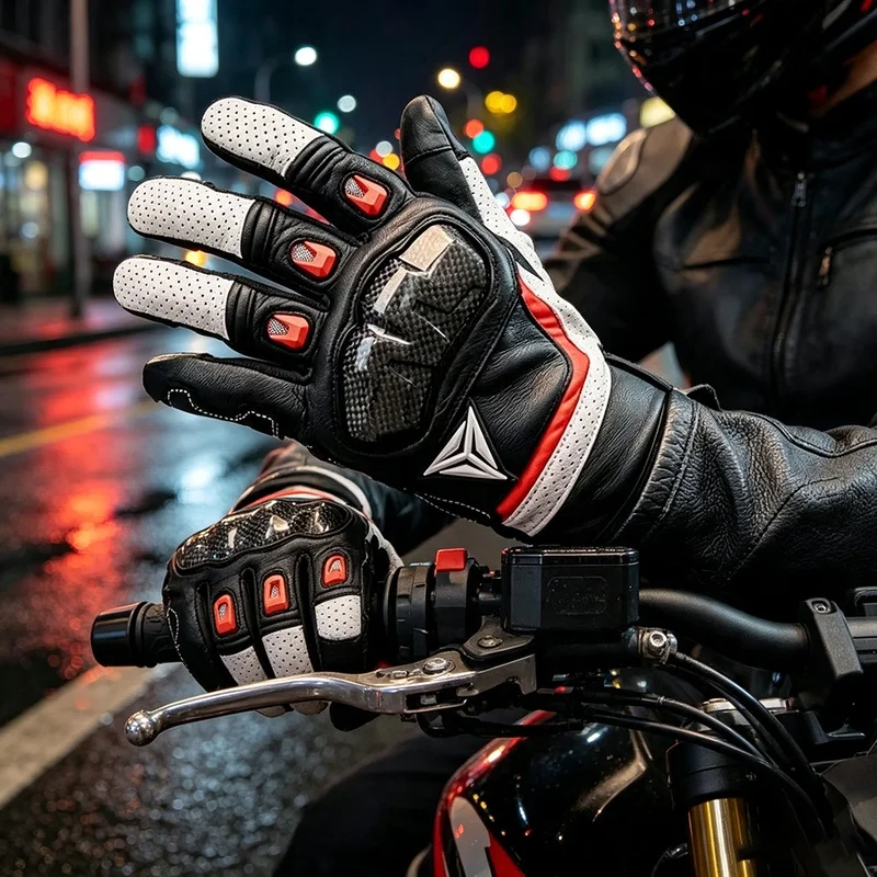 Genuine Leather Motorcycle Gloves Full Finger Breathable Touch Screen Anti‑Slip Shock‑Absorb Protective Glove for Men Women