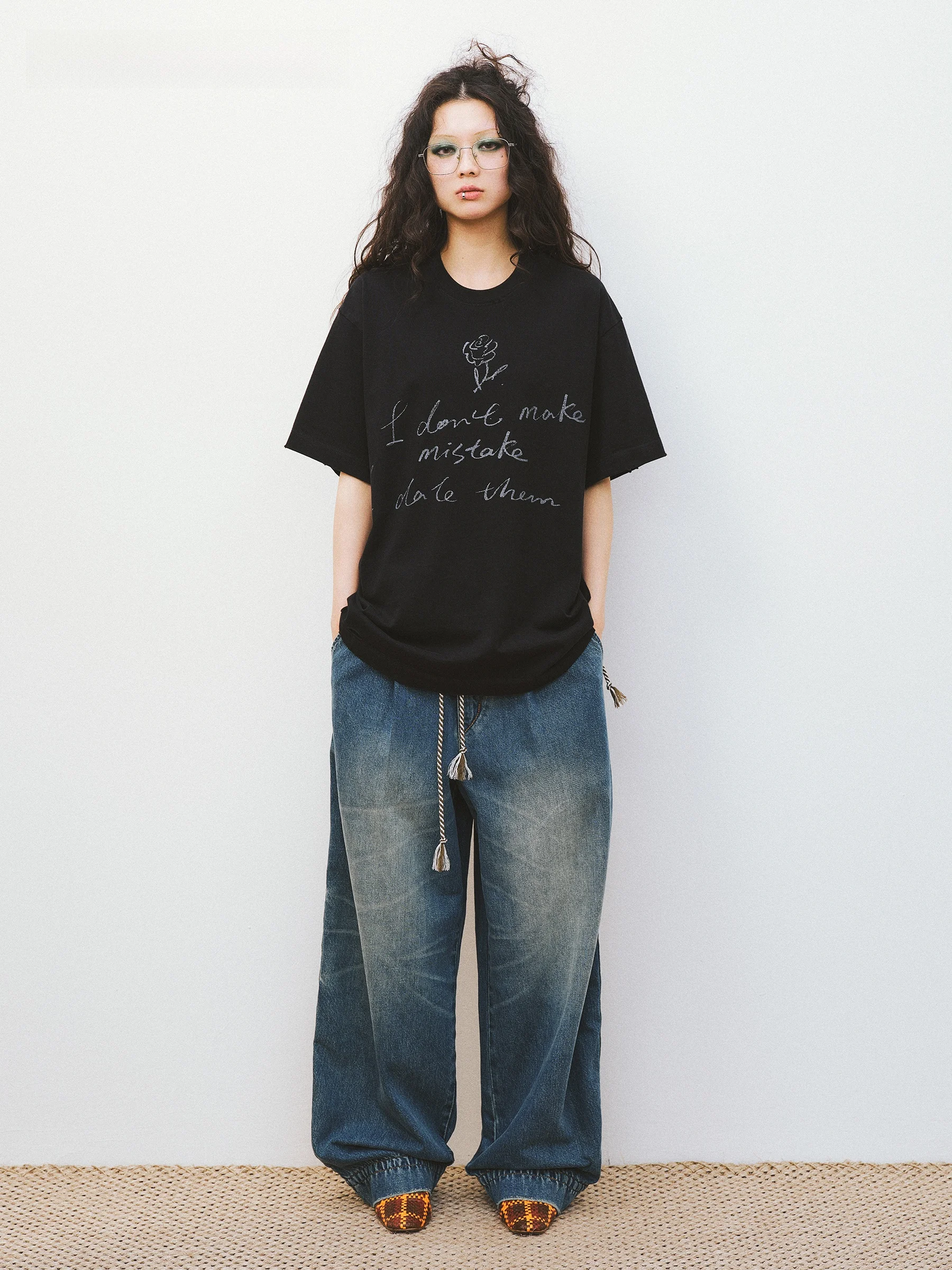 VERMO Vintage Handwritten Slogan And Rose Worn-In Dye Short Sleeve T-Shirt Top Casual Cotton Shoulder-Length round Neck