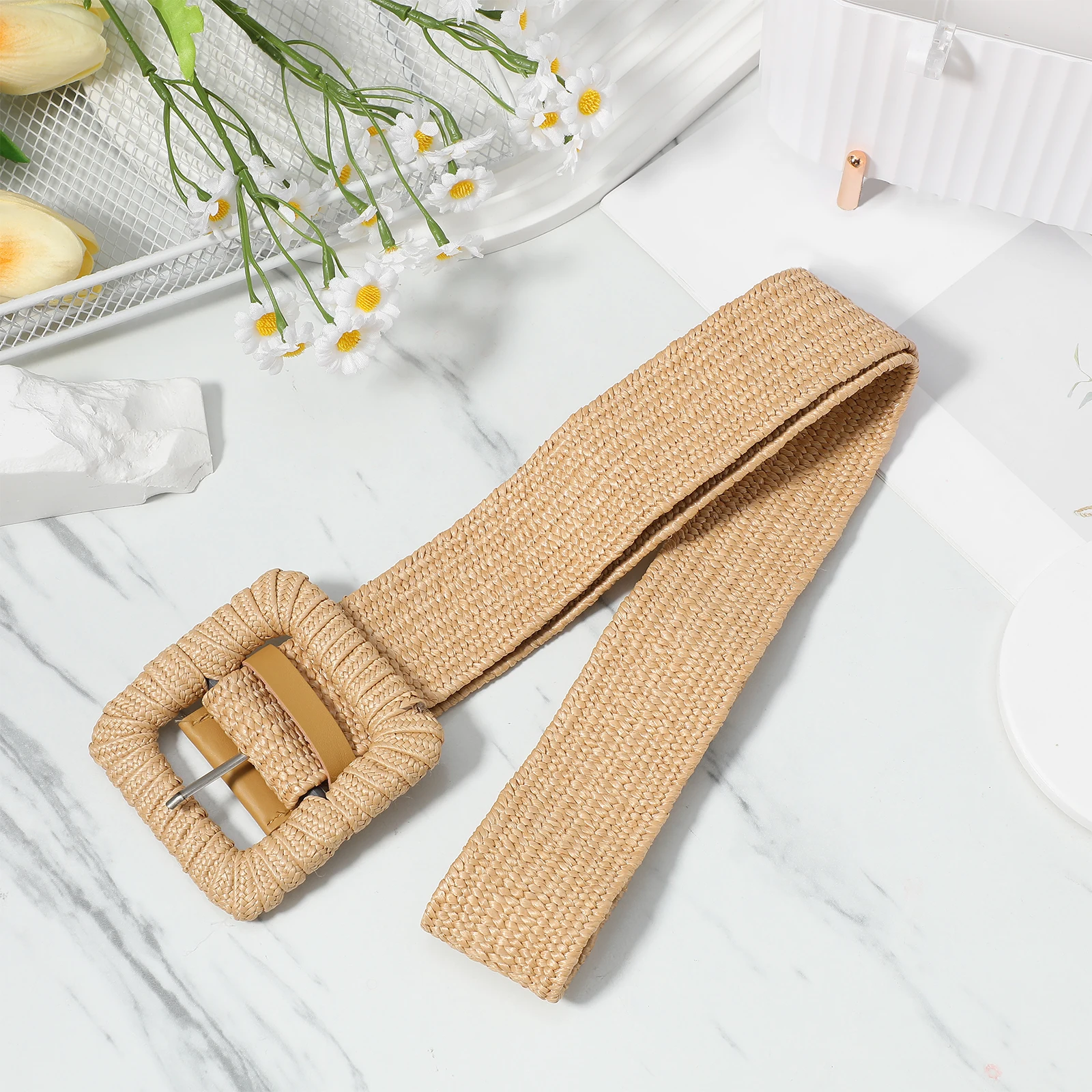 

Elastic Straw Waist Belt Woven Square Buckle Vintage Belts For Women Dresses Boho Trousers Accessories Wide Adjustable Size