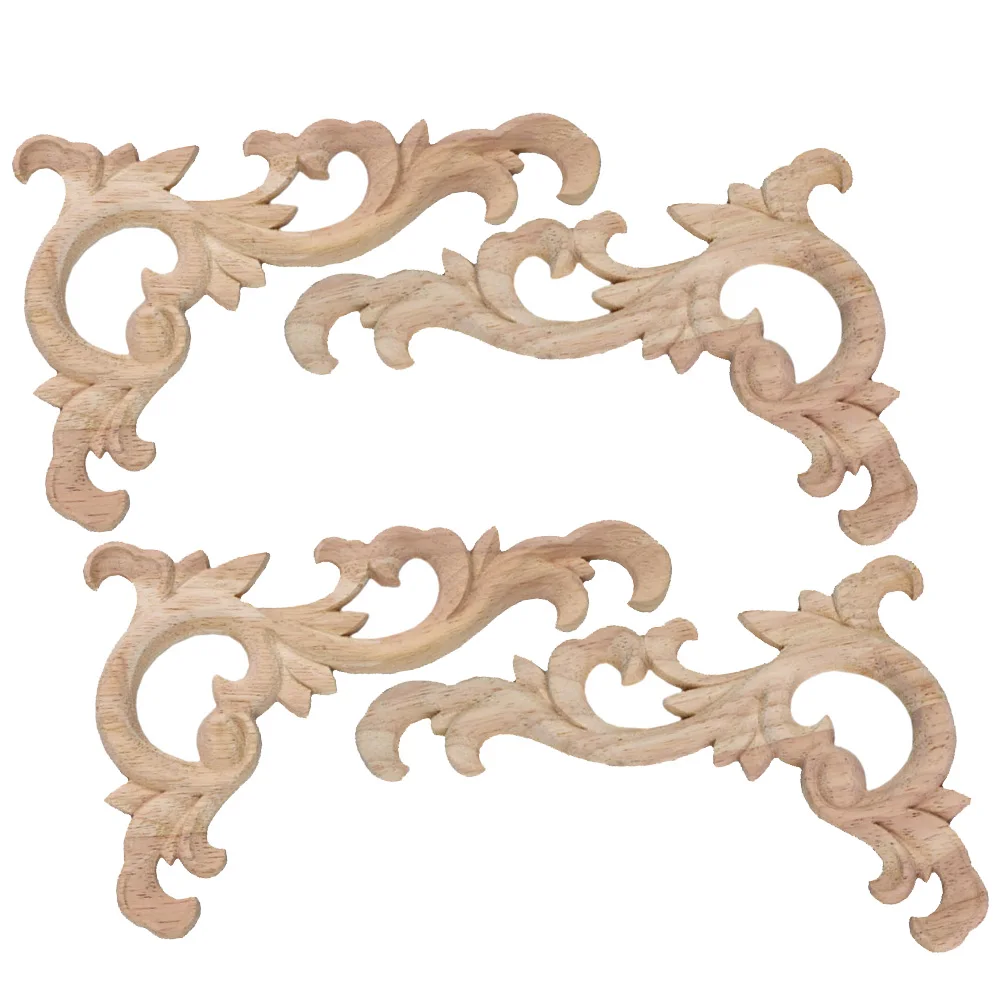 4PCS 12/15/18/22cm Wood Onlay Applique Wooden Woodcarving Decal Flower Wood Carved Corner Frame Furniture Decorative Sculptures