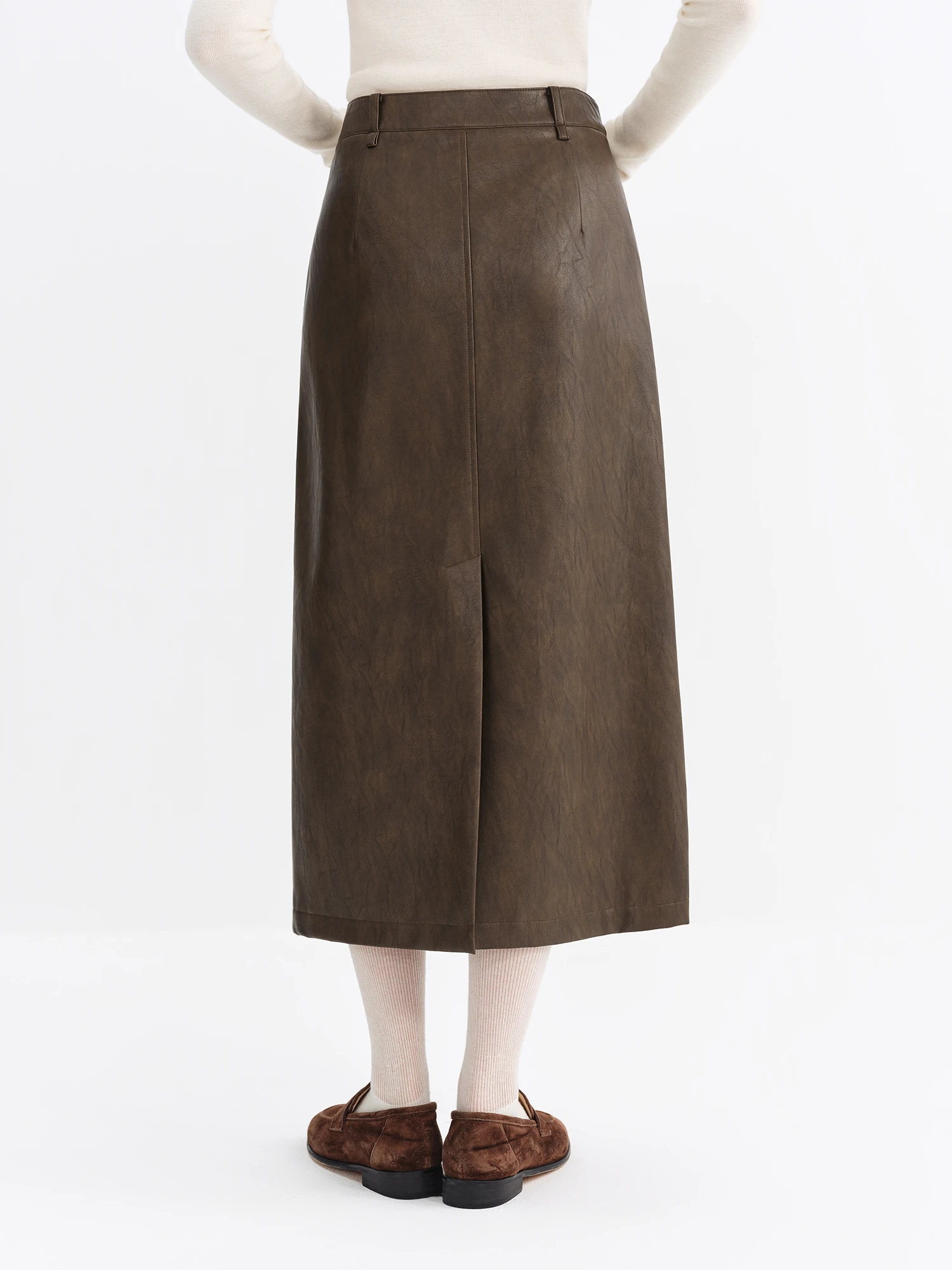 Spódnica midi damska FSLE 2025 zimowa, retro, z wysokim stanem, ze skóry PU - uniwersalna spódnica o kroju litery A, ołówkowa, do pracy, na co dzień.