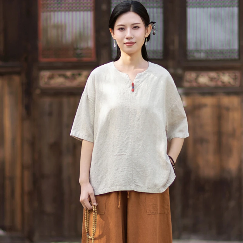 

Women Cotton Linen Casual T-shirts New 2026 Summer Vintage Style V-neck Solid Color Loose Female Short Sleeve Tops Tees M2667