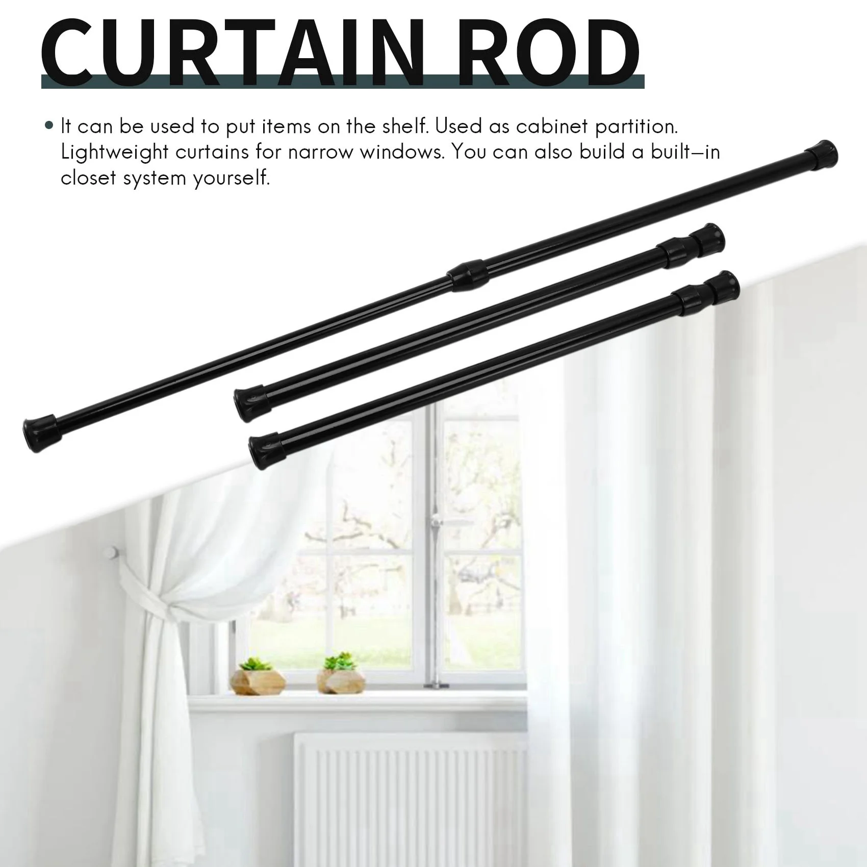 ●Small Tension Rods for Cabinets Cupboard Bars for RV Closets Refrigerator, Spring Rods 11.8 to 19.6 Inches, 6 Packs (Black)