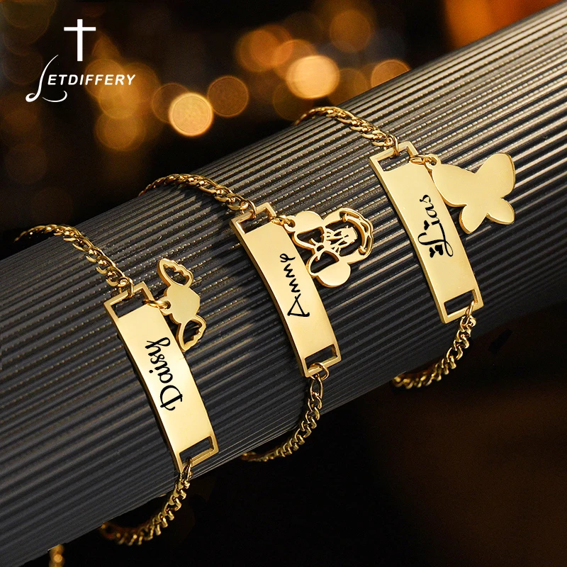 Letdierry 맞춤형 이름 팔찌, 스테인레스 스틸 레이저 각인 이름, 날짜 하트 나비 팔찌, 쥬얼리 선물