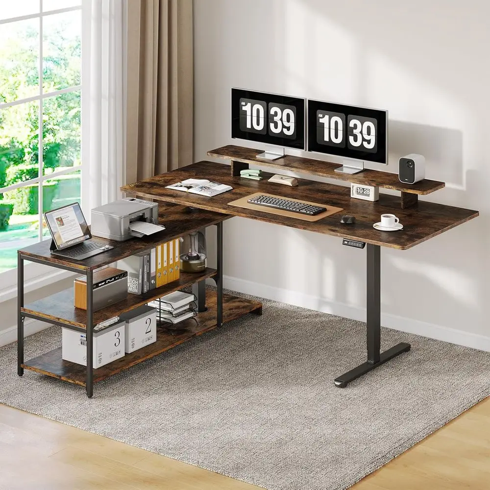 

L-Shaped Electric Standing Desk with Adjustable Monitor Shelf, 63x24'', Rustic Brown, Height 28-46''