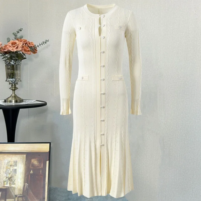 

CHUJIE French style Trendy Hollow Knit Dress - Long Sleeve Single-Breasted - Elegant Summer Style - Viscose Blend