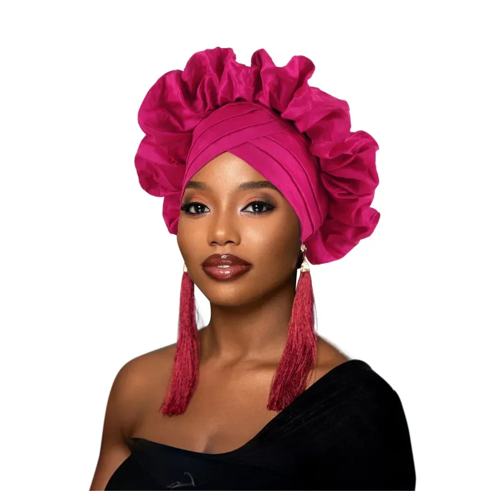 African Headtie Women Front Cross Ruffle Turban Cap Nigerian Wedding Auto Gele Headpiece Head Wrap Hijab Bonnet Hat Headdress