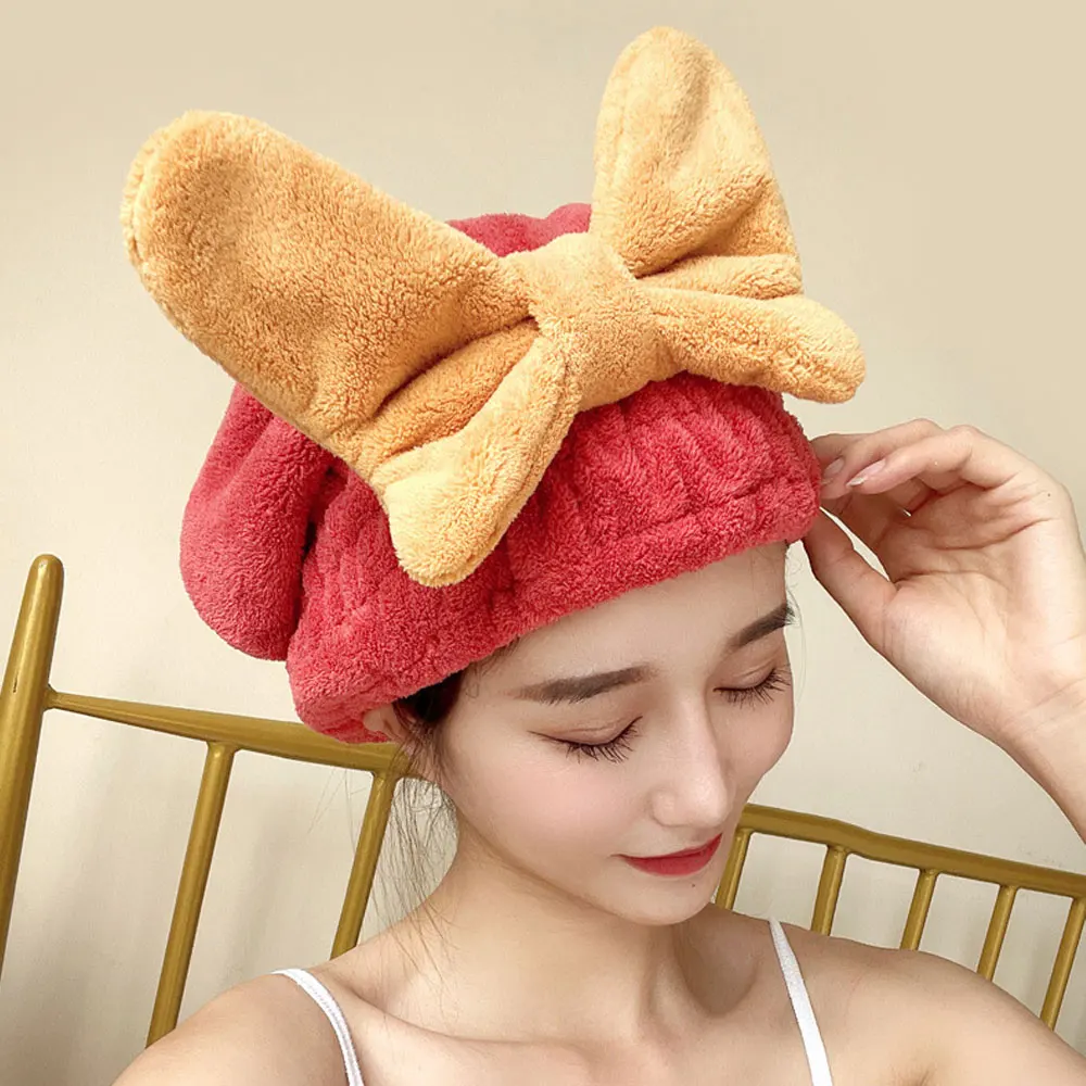 Coral Velvet Hair Drying Towels Super Absorbent Turban Hair Towel Cap Quick Dry Head Wrap with Bow-Knot Shower Cap for Wet Hair