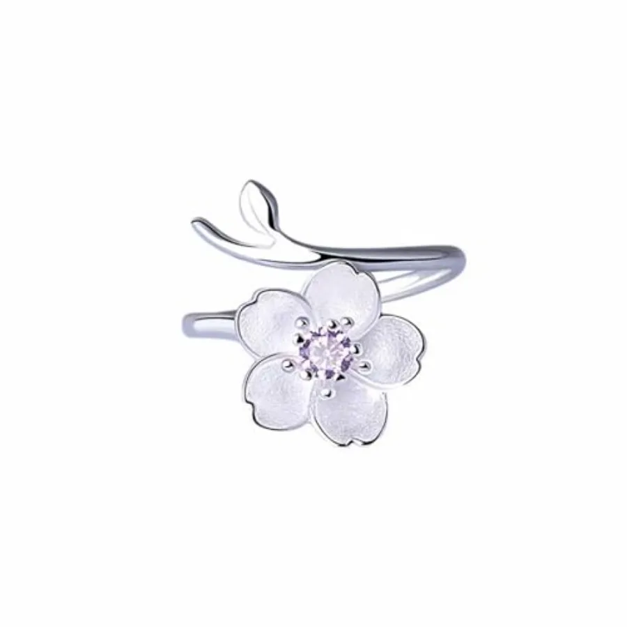 

925 Sterling Silver Rings, Flower CZ Rings, Cherry Blossoms Open Engagement Promise Ring, or Birthstones Adjustable Ring for Wo