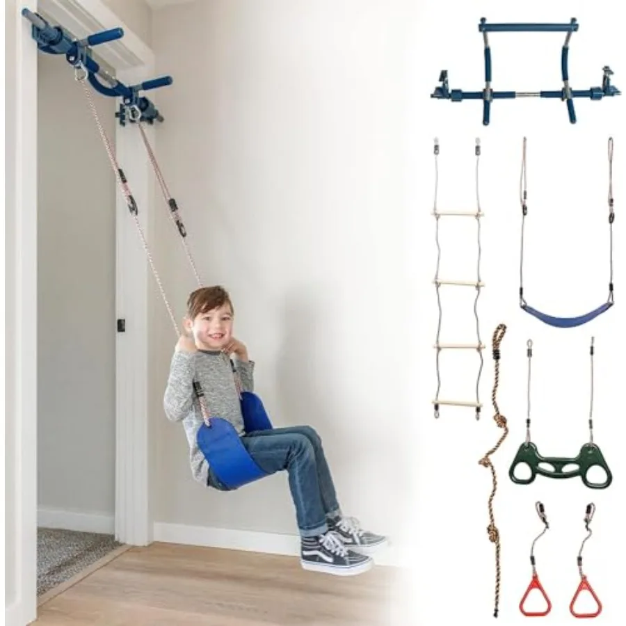 

Набор для домашней игровой площадки из 6 предметов - синий - игровой комплекс для помещений с сенсорной качелями, турником, кольцами, трапецией и лестницей