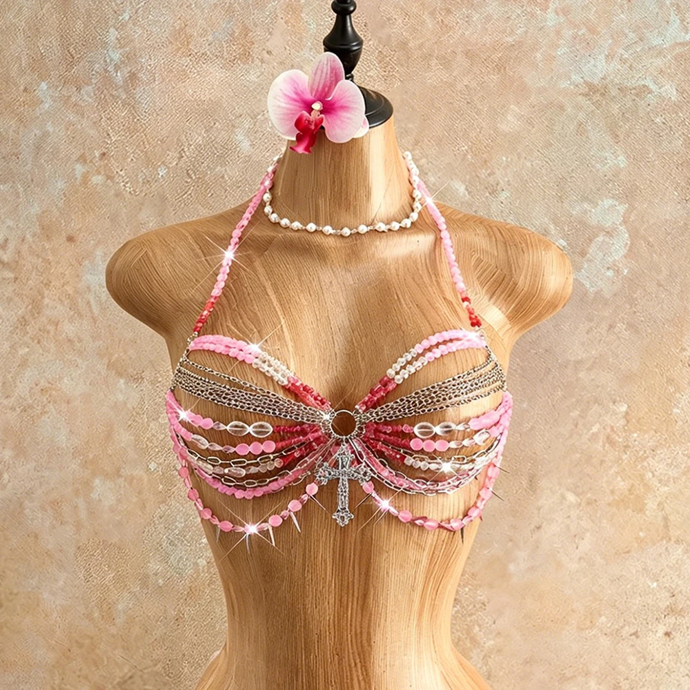 Acrylic Handmade Bead Top, Spicy Girl Hollow Hanging Neck, Body Chain, Nightclub Party, Sexy Bead Chest Chain, Chest Accessory