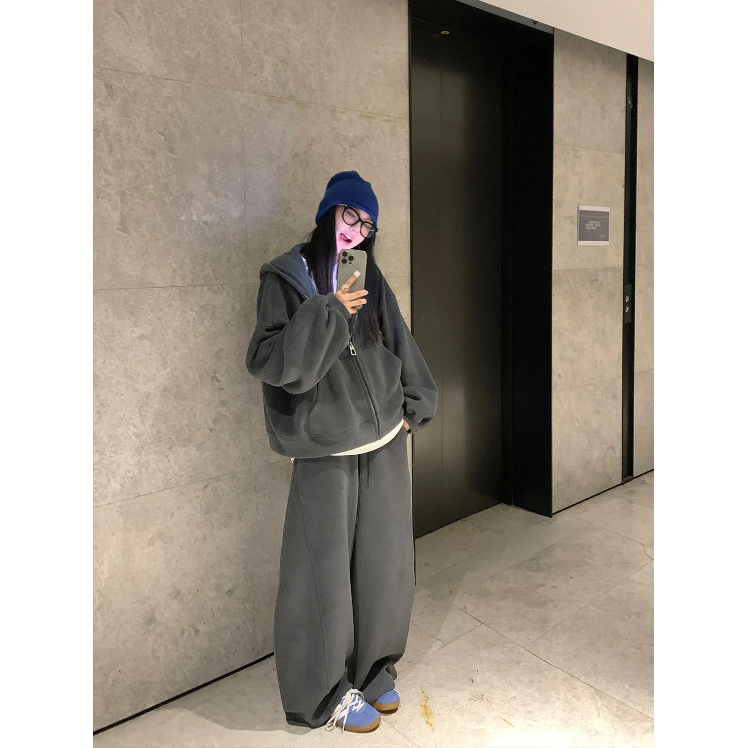 Korean Fashion Street Sportswear Set Women Autumn Winter Loose Hoodie Casual Zip Up Hoodies and Pants Two Piece Y2k Streetwear