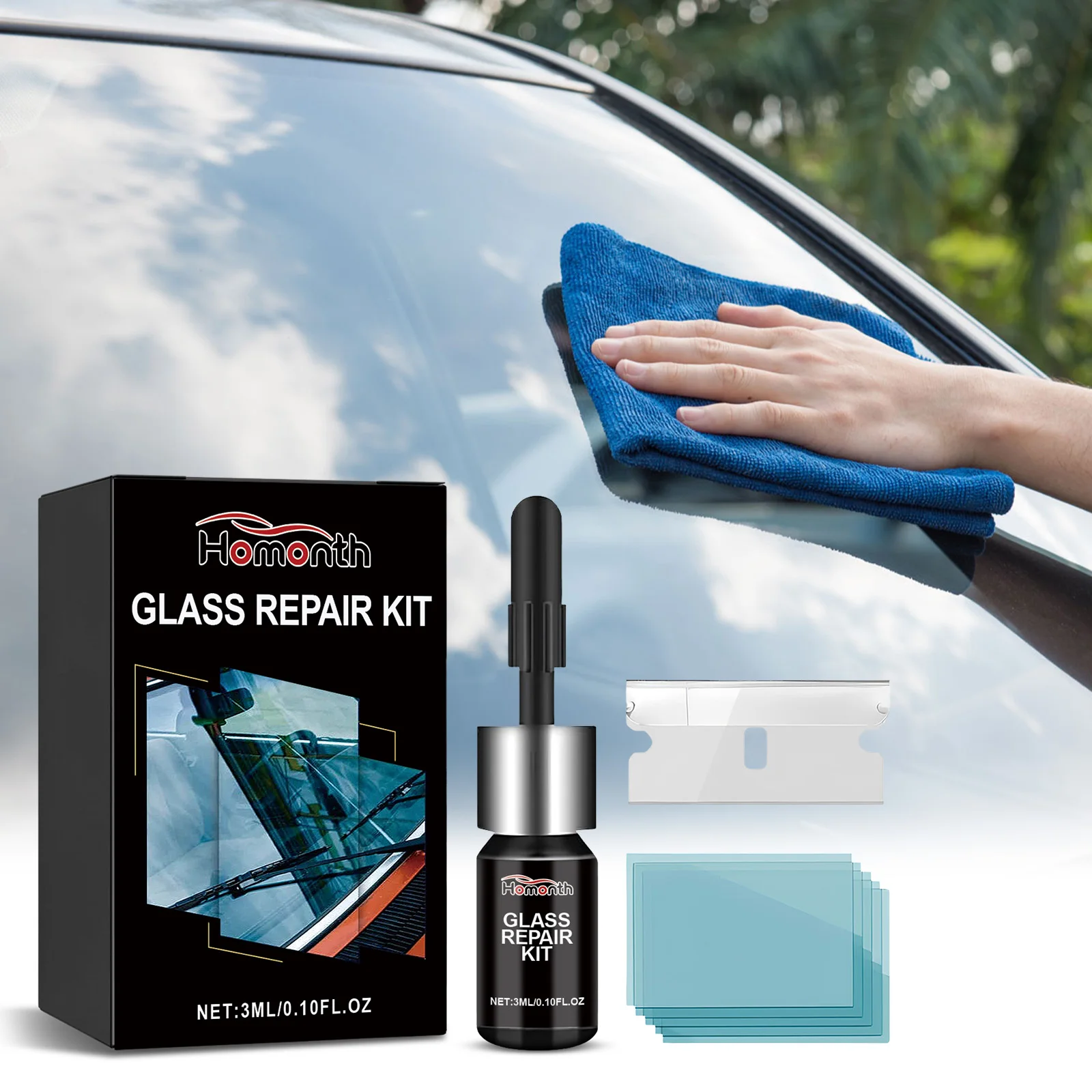 Windshield Repair Kit – Car Glass Crack Fix Tool for Chips, Star-Shaped Cracks & Scratches, Resin Filler with Curing Strip, Auto Glass Maintenance Kit