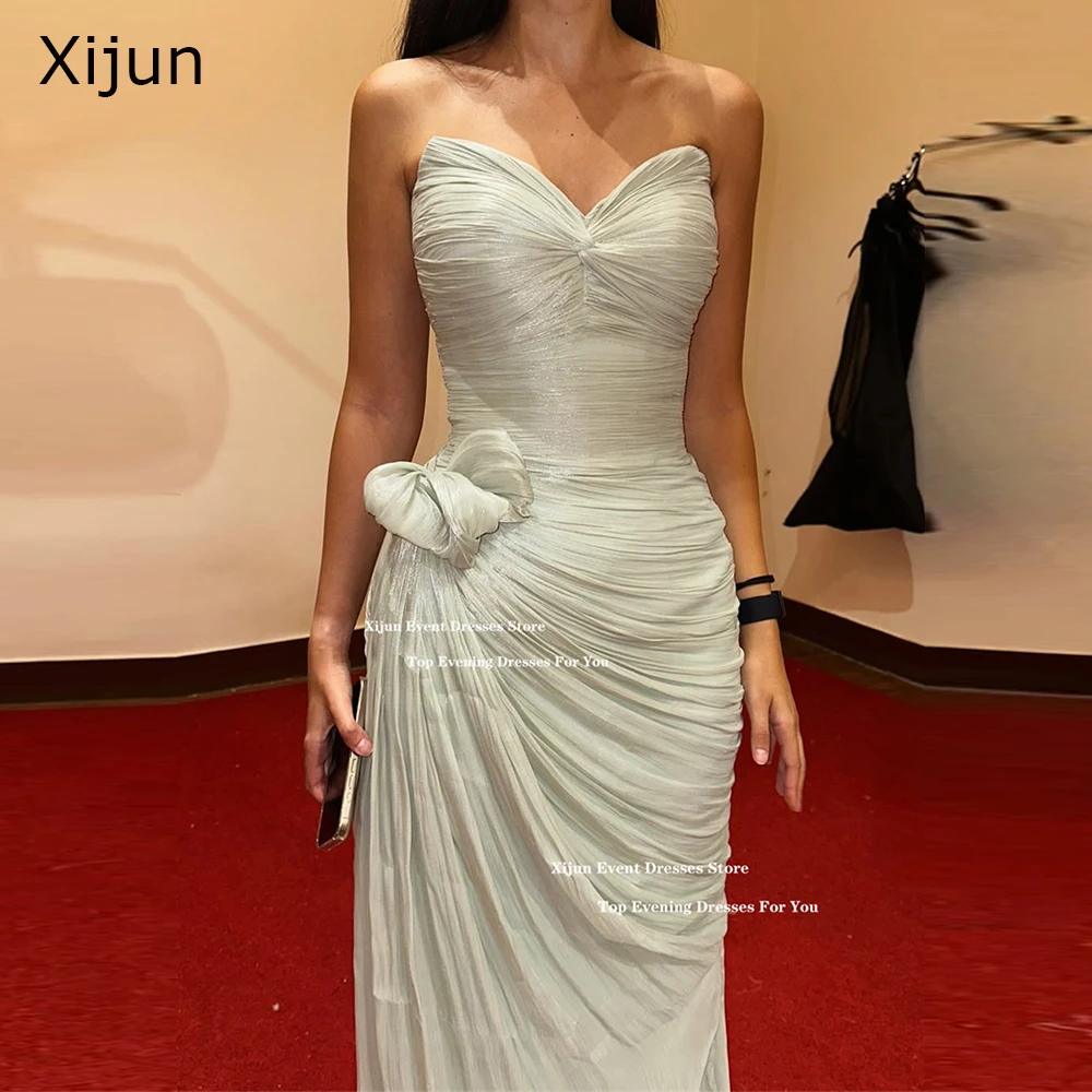 

Xijun Green Long Mermaid Evening Dresses Sweetheart 3D Flowers Formal Prom Dresses Sleeveless Pleated Prom Gown Women Customized