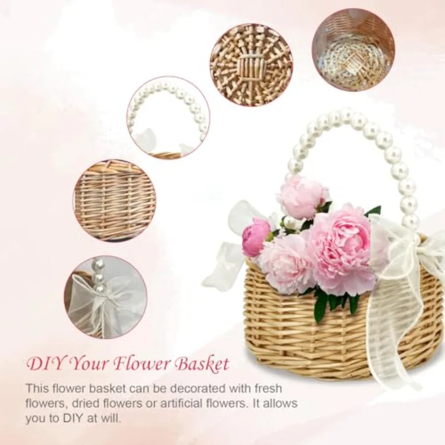Flower Girl Basket Woven Rattan Wedding Basket with Pearl Handle Lace Bow for Rustic Elegant Flower Holding Perfect for Wedding