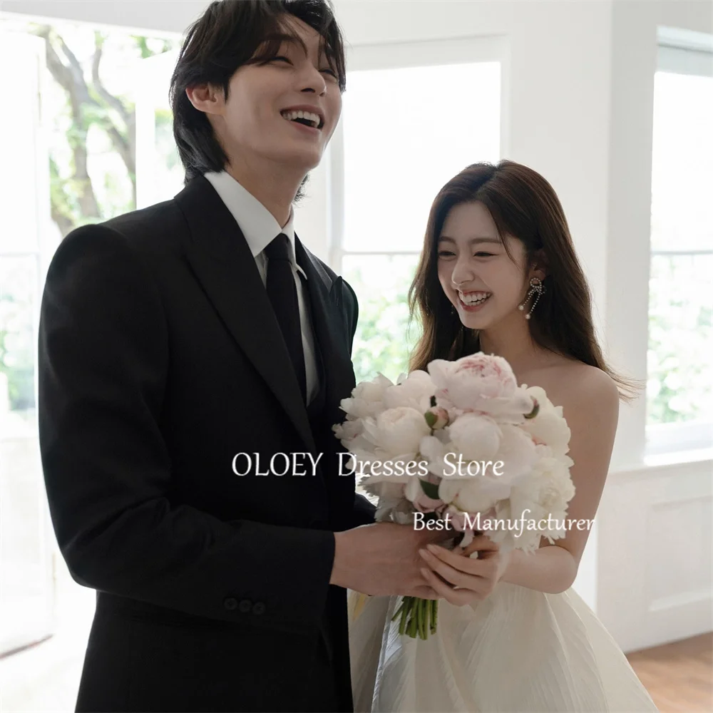 OLOEY Elegant Strapless Wedding Dress With Sleeves Korea Photoshoot Pure Ivory Bridal Gown Floor Length Tiered Pleat Party Dress