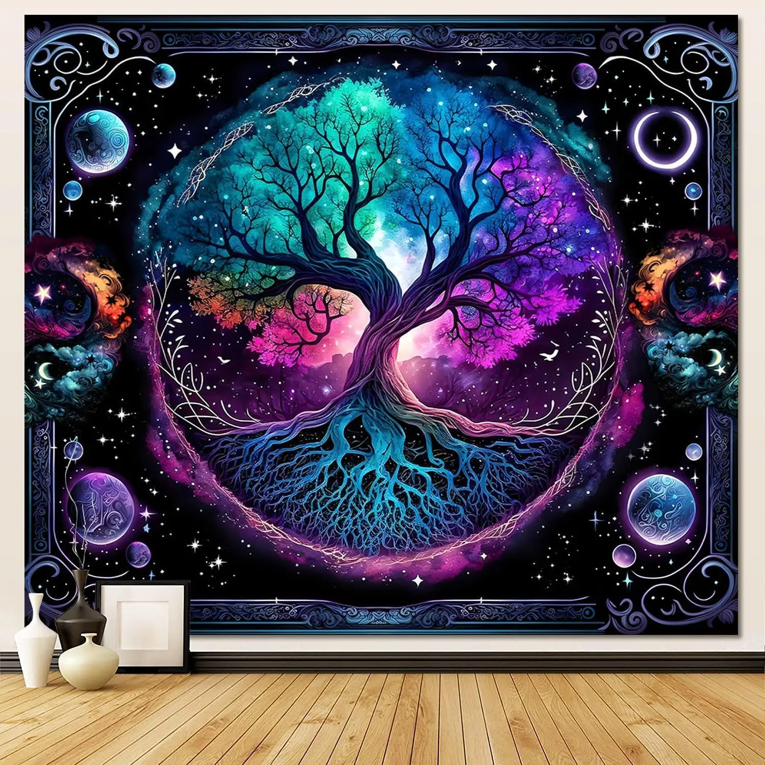 Moon Phase Tree of Life Tapestry – Sun & Moon Boho Spiritual Wall Art for Bedroom, Living Room or Dorm Decor