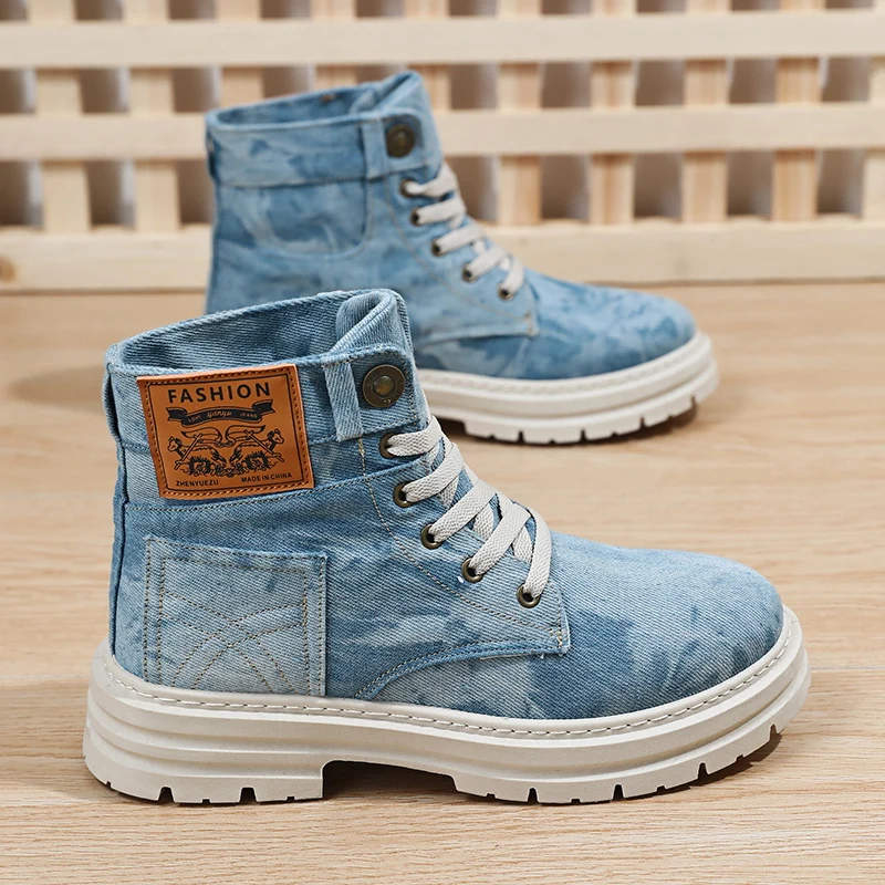 

Washable Tie-Dye Denim High-Top Sneakers, with a Vintage Distressed Texture, Thick Sole for Added Height and Non-Slip Grip, Foldable Upper for Two Ways of Wearing, Easily Create a Streetwear Workwear Style, Both Unique and Eye-Catching.