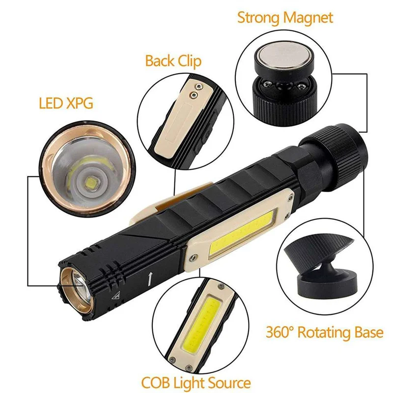 Rechargeable Led Flashlight Work Light Multifunctional Magnetic Base 360 Degree Rotate IP65 Mini Working Lamp For Car Repair