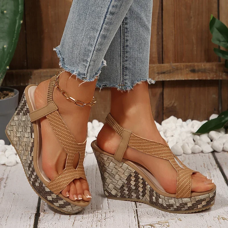 

Women Shoes Retro Thick Bottom Sandals for Women Casual T-Strap Wedge Sandal Female Summer Elastic Band Open Toe Sandalias Mujer