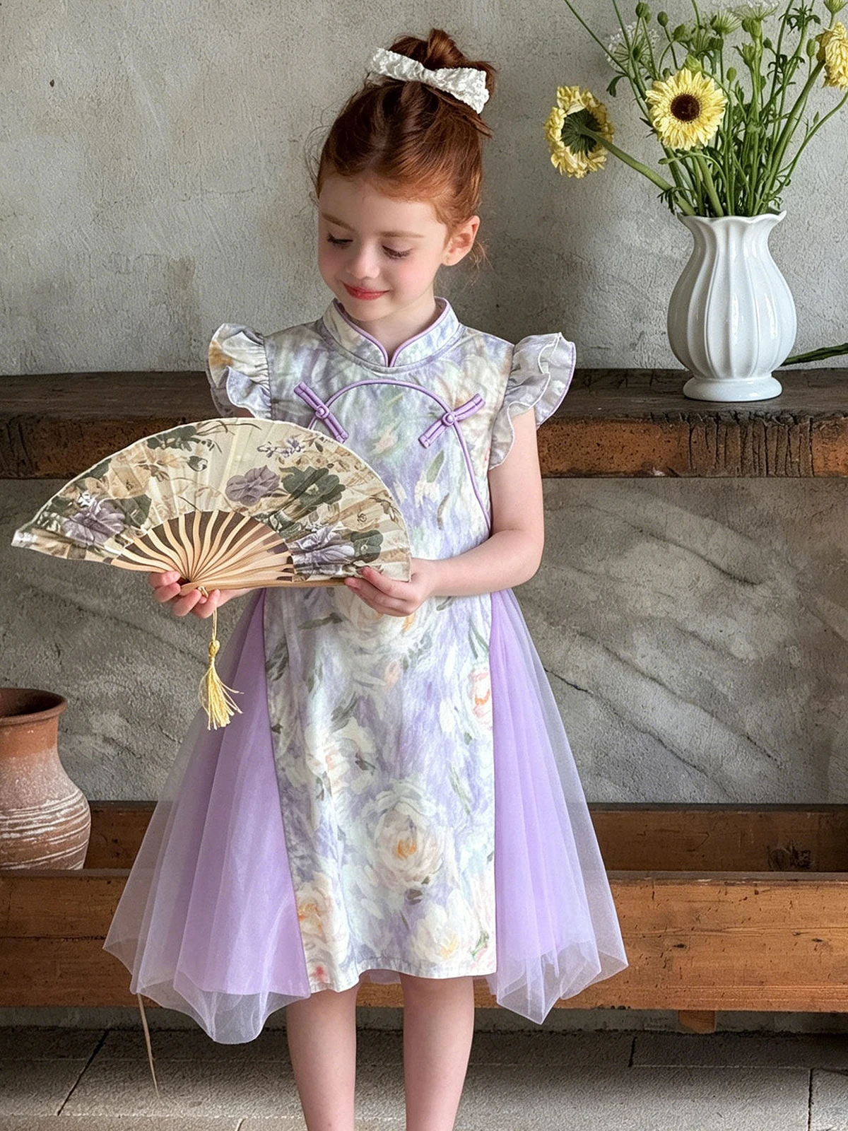 

Girls Purple Floral Print Cheongsam Dress Chinese Style Mesh Princess Party Outfit 100% Cotton Toddler Summer Clothing