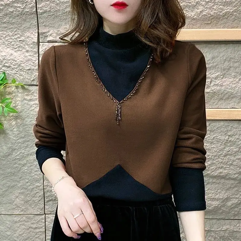 Korean Fashion Sping Autumn New Women Mock Neck Fake Two Pieces Diamonds Patchwork Chic Slim Long Sleeve Bottoming Shirt Tops