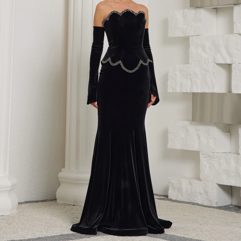 

Customized A-line Evening Dresses Floor-length Strapless Full Sleeve Prom Gown Fashion Sequined Draped Backless Party Gown